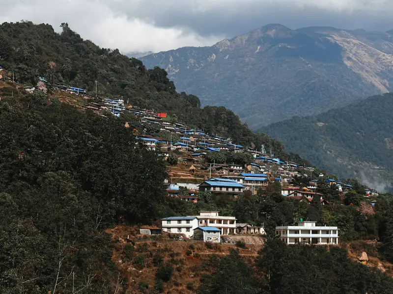 Houses on a hillside with mountains in the background